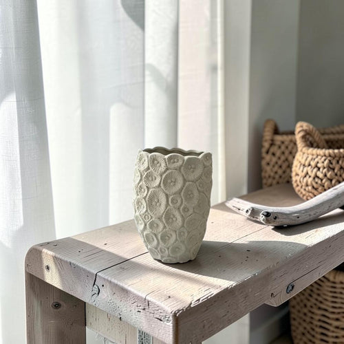 Anemone Vase styled on a whitewashed wood bench in soft daylight beside a woven basket, HMT Home