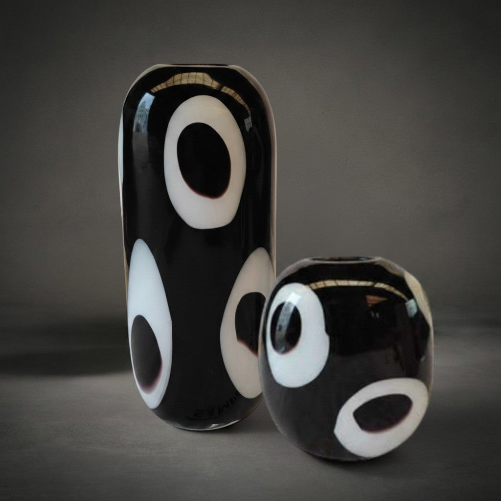 Black Owl Vase family — large and small owl-pattern glass vases together, HMT Home