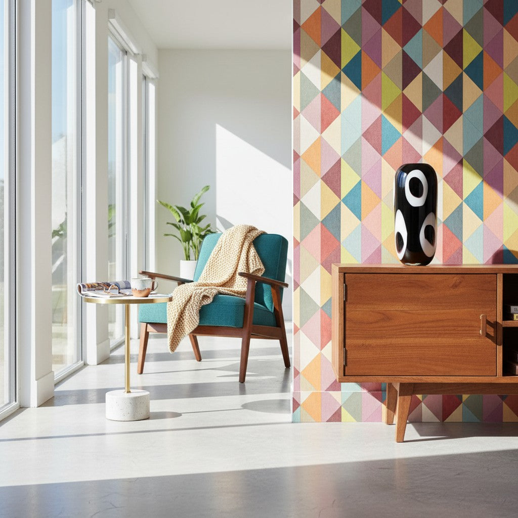Black Owl Vase Large styled on a walnut sideboard against a geometric patterned wall — black-and-white glass vase with an owl-inspired pattern, HMT Home
