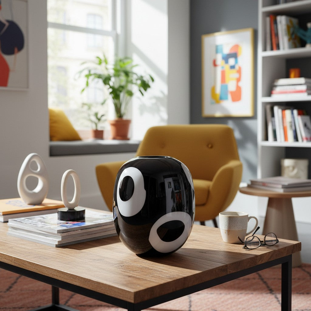 Black Owl Vase Small styled on a wooden coffee table in a bright living room — black-and-white glass vase with an owl-inspired pattern, HMT Home
