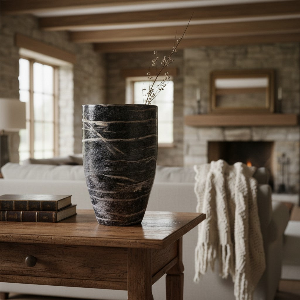 Black Wood Vase styled with dried branches on a wooden side table beside a stone fireplace — tapered ceramic vase in charred wood grain with a white rim, HMT Home