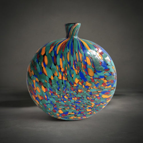 Boho Vase Round — flattened round glass vase speckled in turquoise, cobalt, amber and red with a short narrow neck, HMT Home