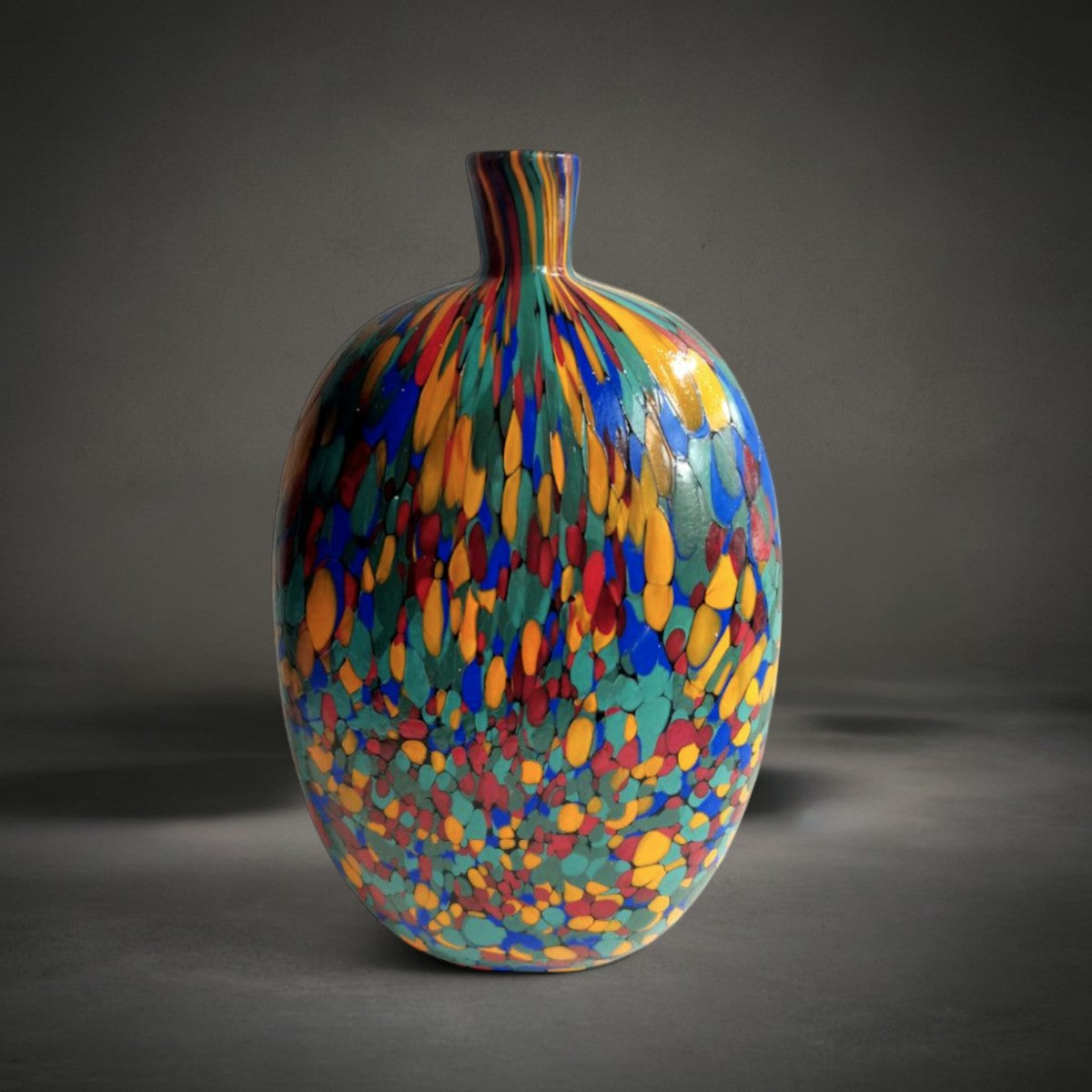 Boho Vase Tall — tall flattened oval glass vase speckled in turquoise, cobalt, amber and red with a short narrow neck, HMT Home