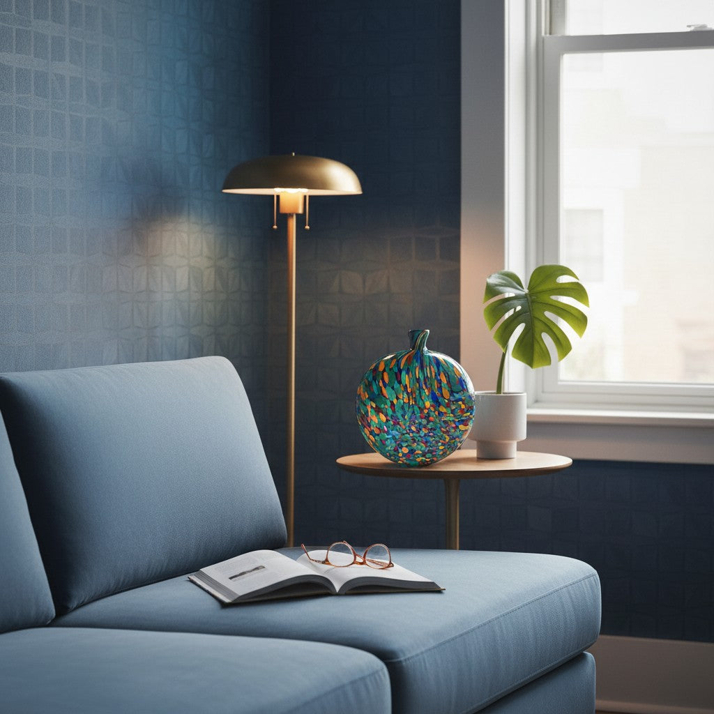 Boho Vase Round styled on a round side table beside a blue armchair and brass floor lamp — flattened multicolour glass vase, HMT Home