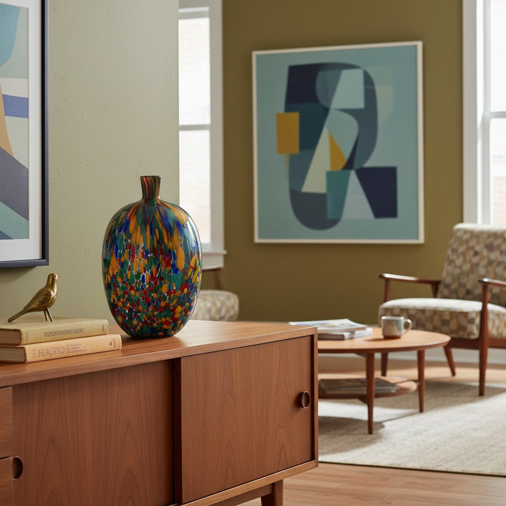 Boho Vase Tall styled on a walnut sideboard in a mid-century living room — tall flattened multicolour glass vase, HMT Home