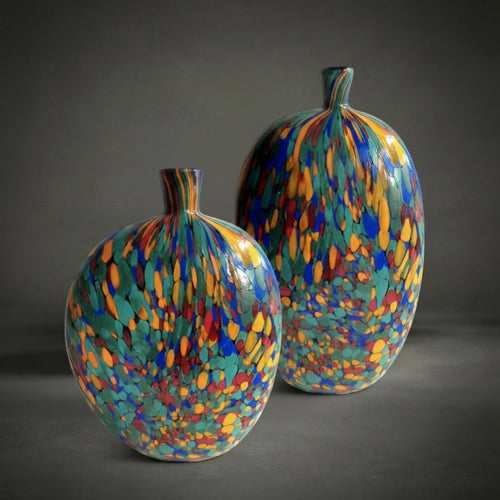 Boho Vases round and tall styled together — flattened glass vases speckled in turquoise, cobalt, amber and red with short narrow necks, HMT Home