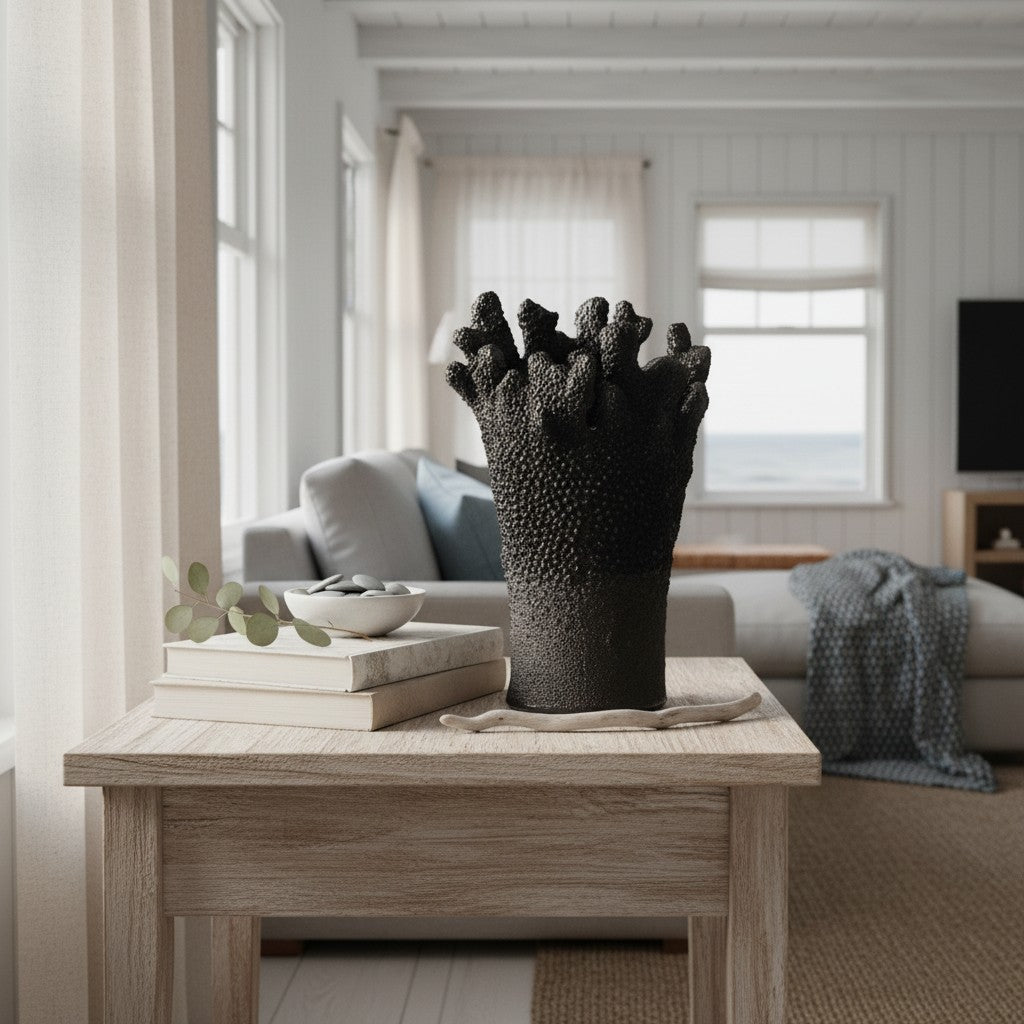 Coral Vase styled on a pale wood console beside stacked books in a bright coastal living room — matte black coral-inspired sculptural vase, HMT Home