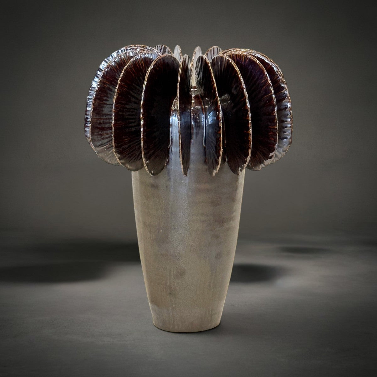 Fin Vase Large — pale grey ceramic vase with bronze metallic glazed fins fanning from the rim, HMT Home