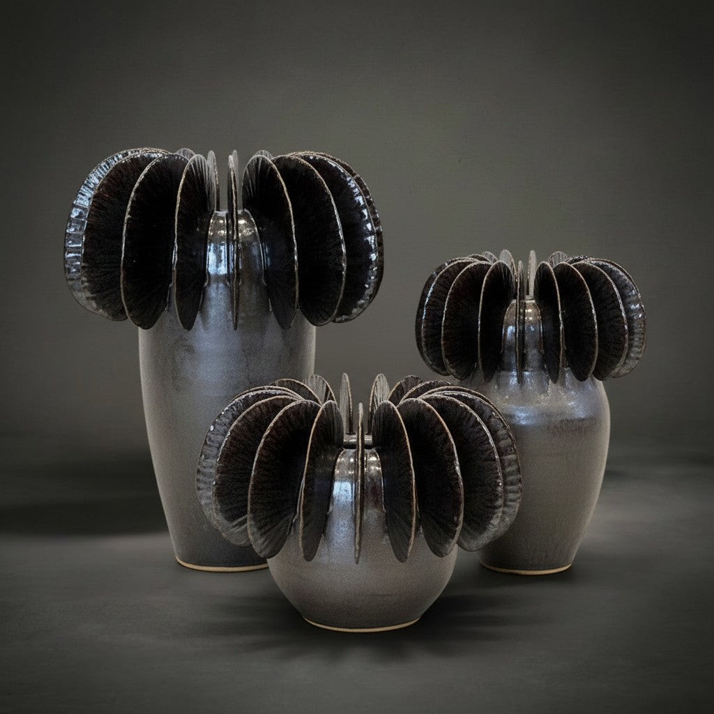 Fin Vase family in small, medium and large — pale grey ceramic vases with bronze metallic glazed fins, HMT Home