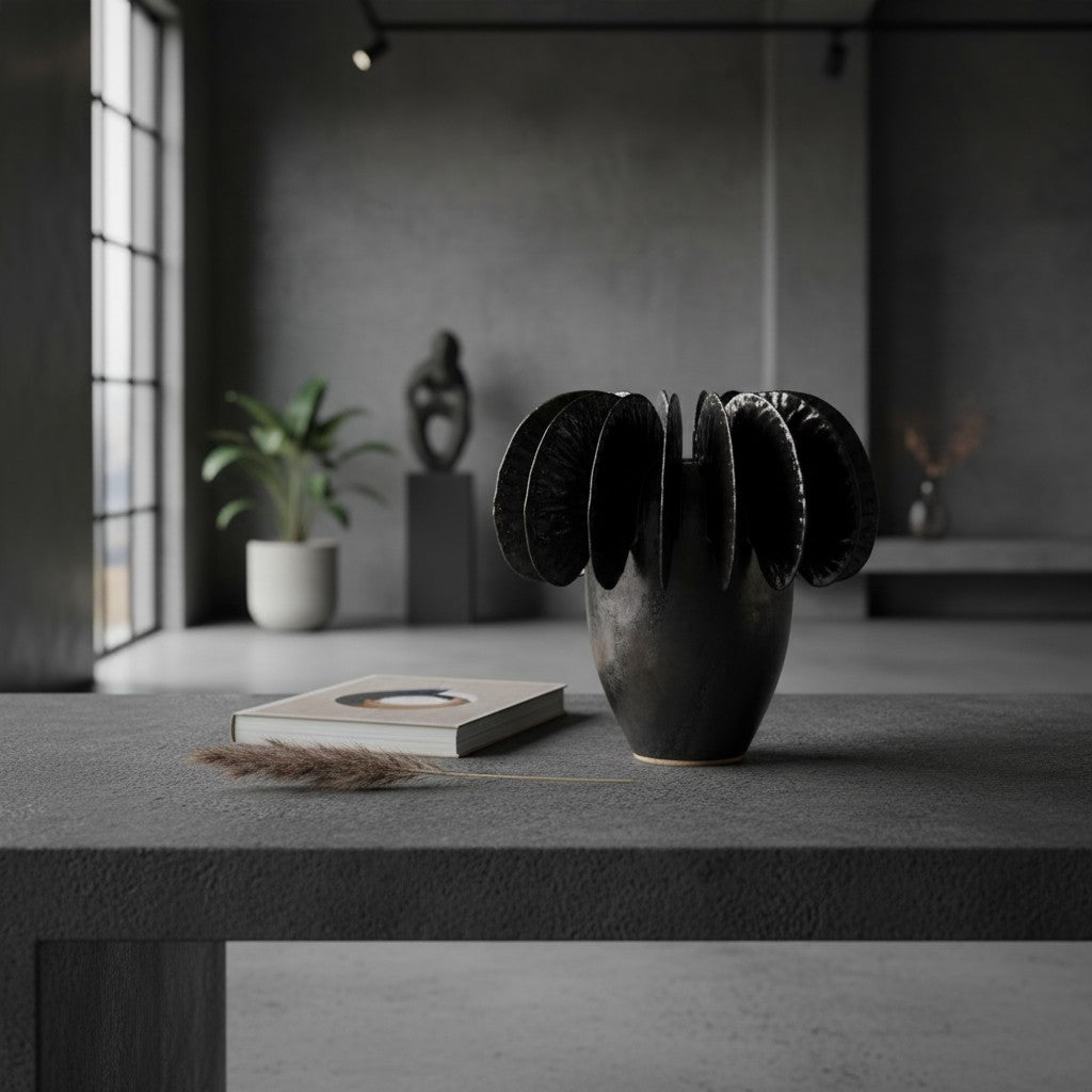 Fin Vase Medium on a stone table in a modern interior — pale grey ceramic vase with bronze metallic glazed fins, HMT Home