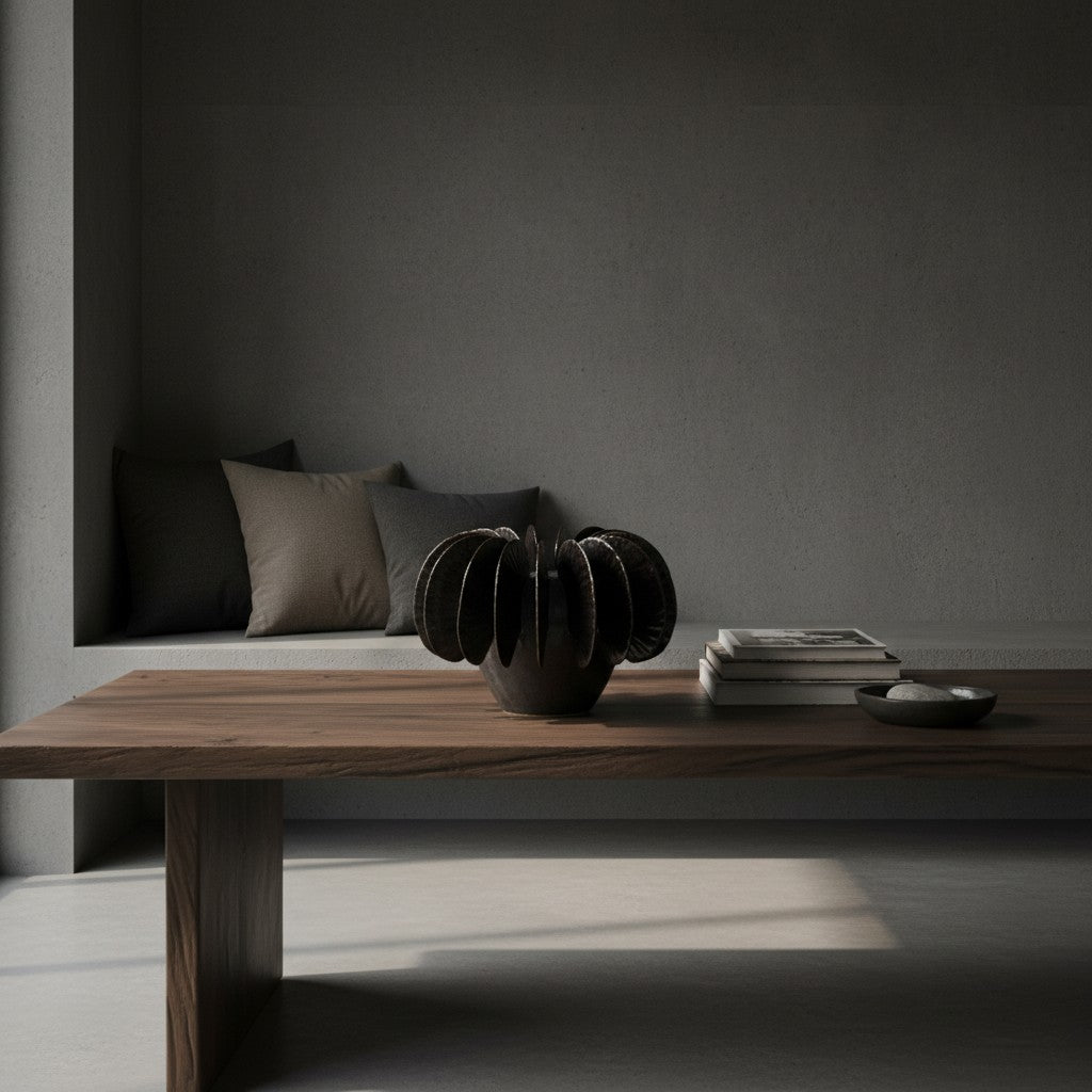 Fin Vase Small styled on a dark wood coffee table in a moody minimalist room — pale grey ceramic vase with bronze metallic fins, HMT Home