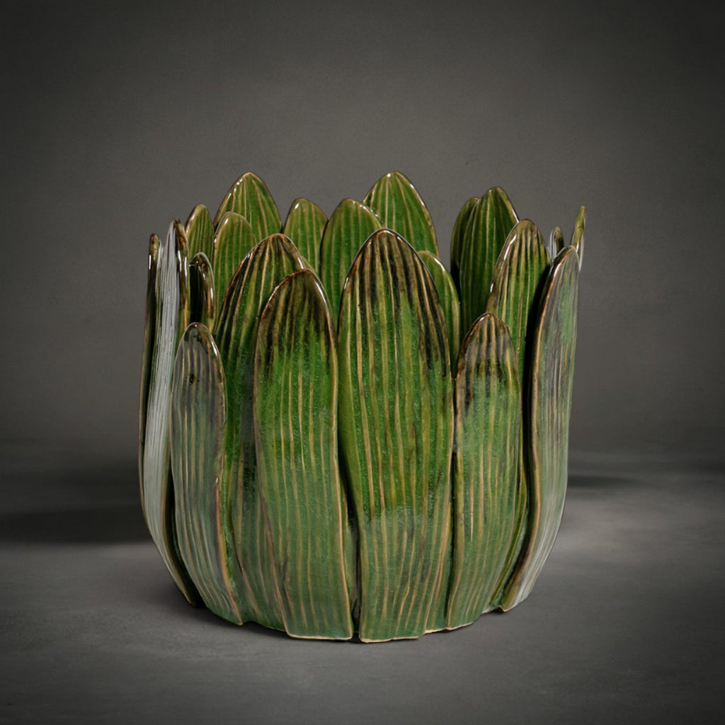 Forest Leaf Vase — green glazed ceramic vase built from overlapping leaves, HMT Home
