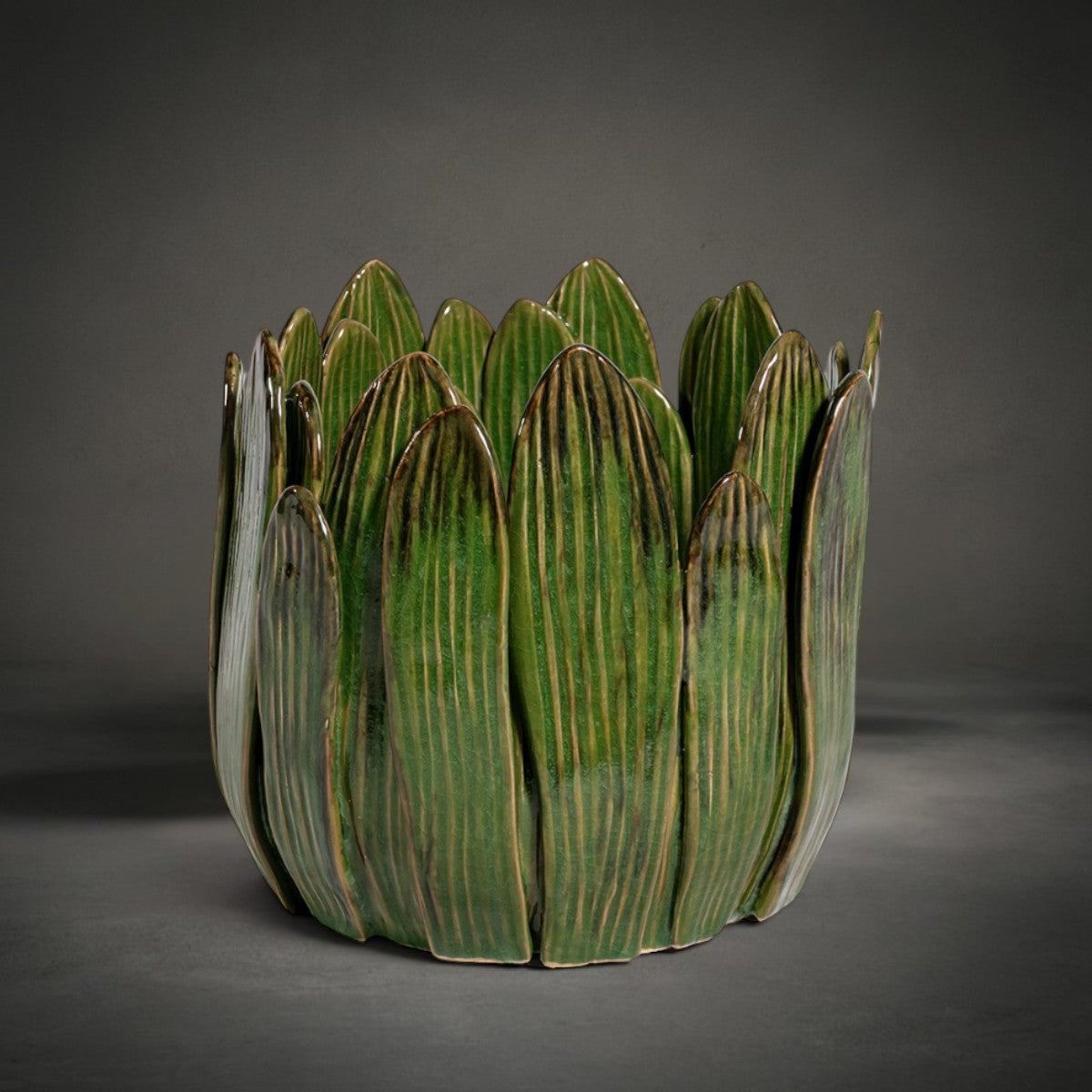 Forest Leaf Vase — green glazed ceramic vase built from overlapping leaves, HMT Home