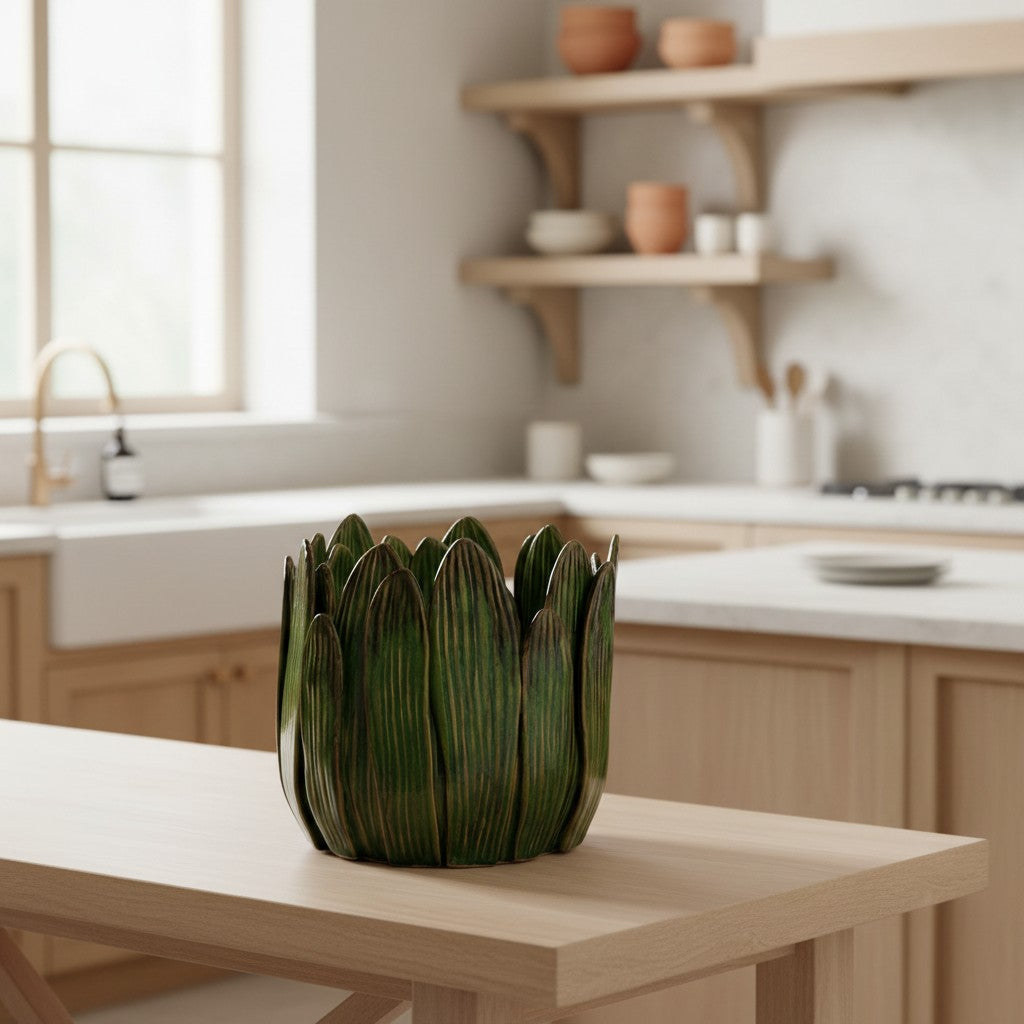 Forest Leaf Vase styled on a light oak table in a bright kitchen — green glazed ceramic vase built from overlapping ribbed leaves, HMT Home