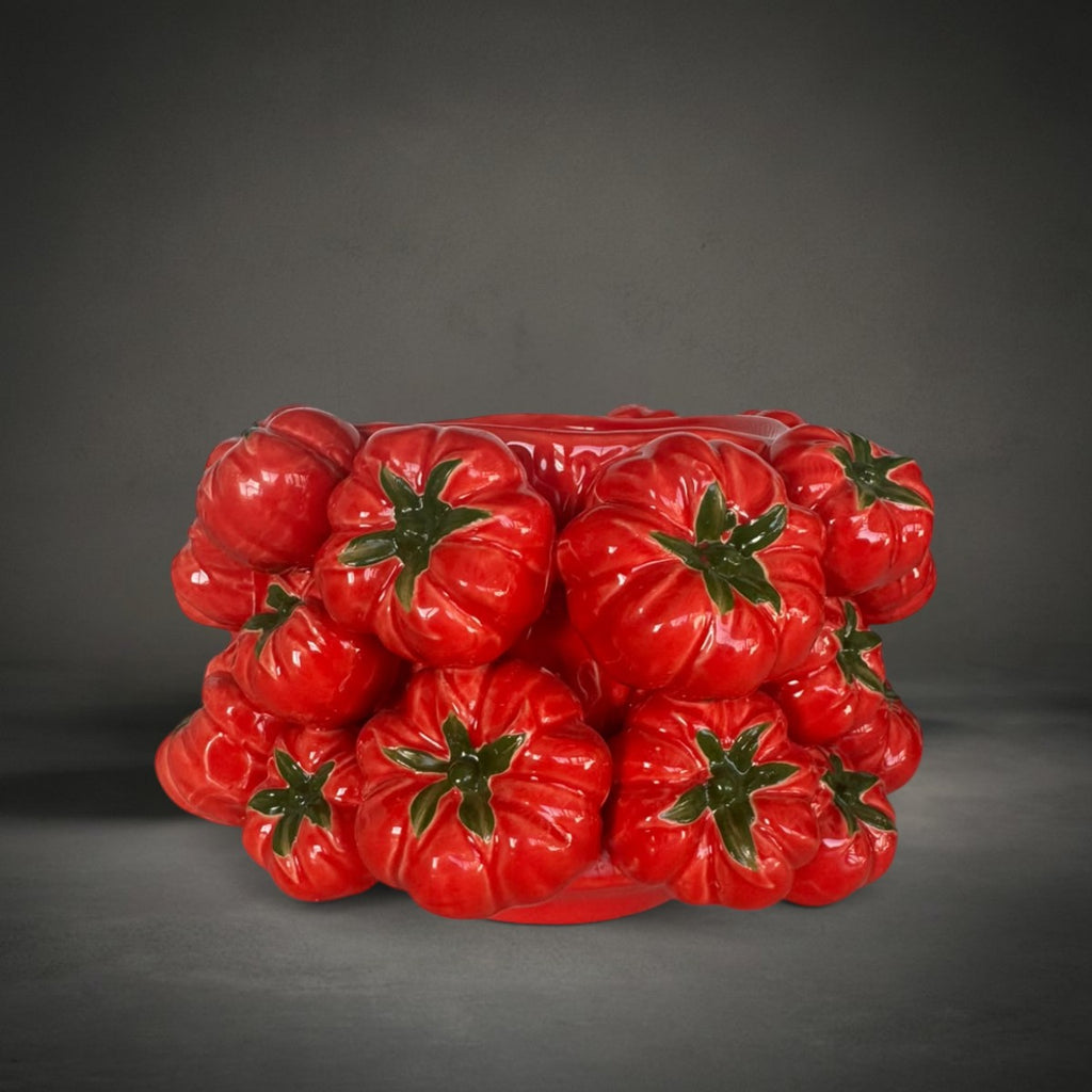 Rosa Tomato Pot — glossy red ceramic pot covered in sculpted tomatoes with green stalks, HMT Home