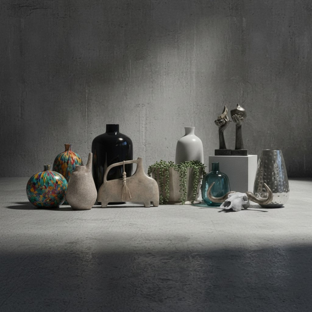 HMT Home — hand-finished glass, sculptural ceramic and décor objects styled against a concrete wall