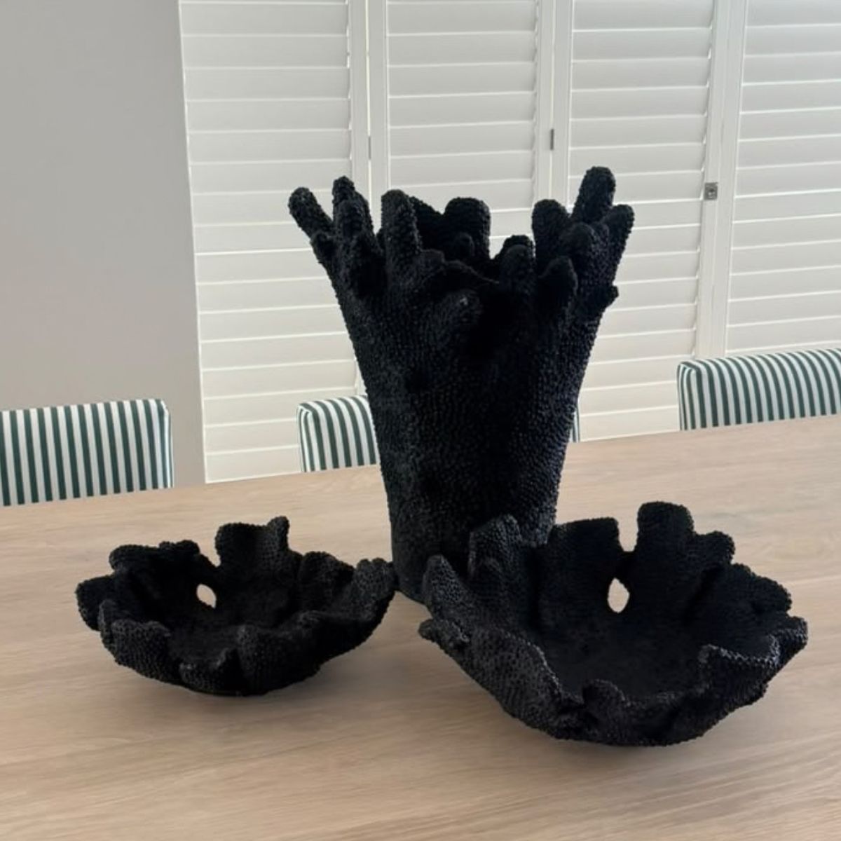 Black Coral Vase and Coral Plate Set styled together on a wooden dining table — matching matte black faux coral décor, HMT Home