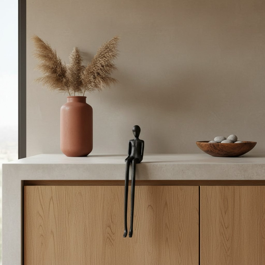 Seated Figure perched on the edge of a stone countertop with legs hanging over an oak cabinet, terracotta vase and wooden bowl alongside, HMT Home