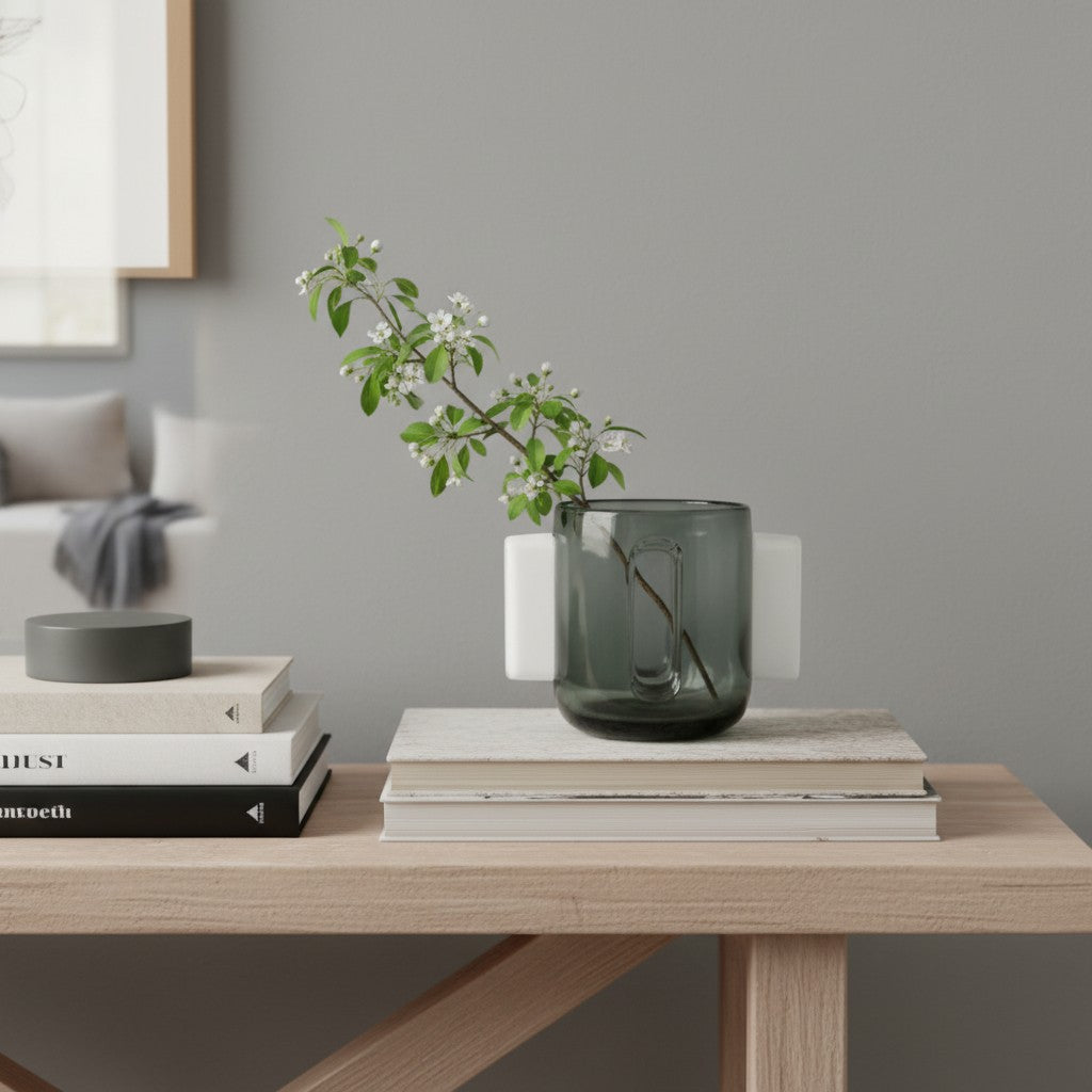 Kelly Vase styled on a light wood console with stacked books and a blossom branch, HMT Home