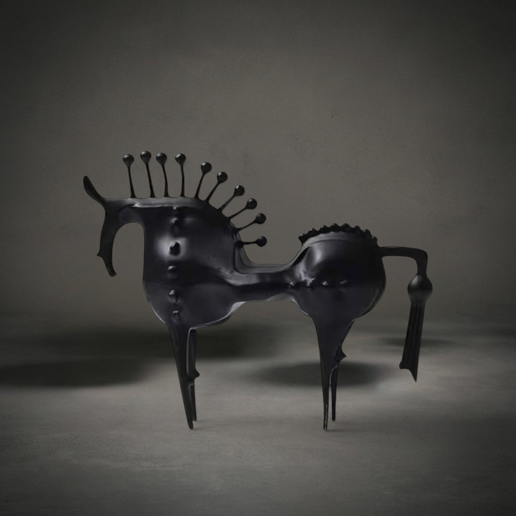 Nero Horse Sculpture Small — stylised matte black horse with elongated legs and a spined pin mane, HMT Home