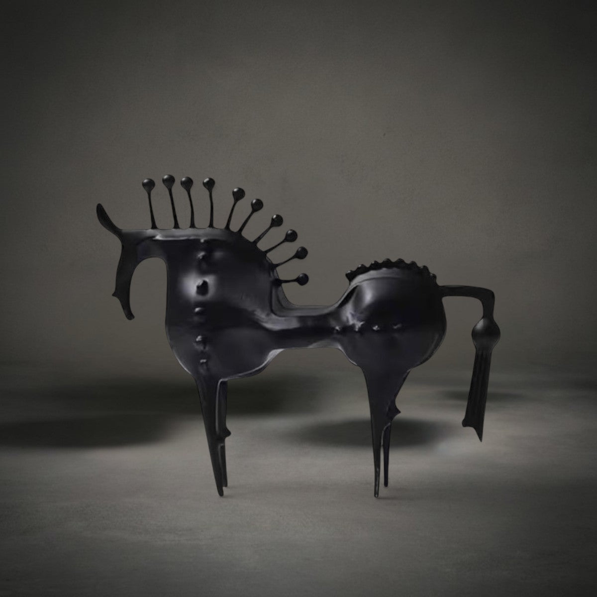 Nero Horse Sculpture Small — stylised matte black horse with elongated legs and a spined pin mane, HMT Home