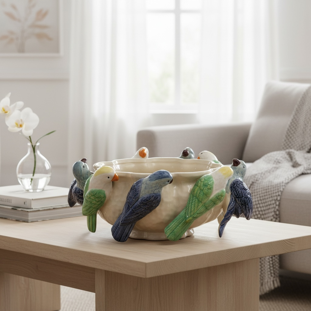 Parrot Bowl styled on a light wood table in a softly lit living room — ceramic bowl with sculpted birds perched around the rim, HMT Home