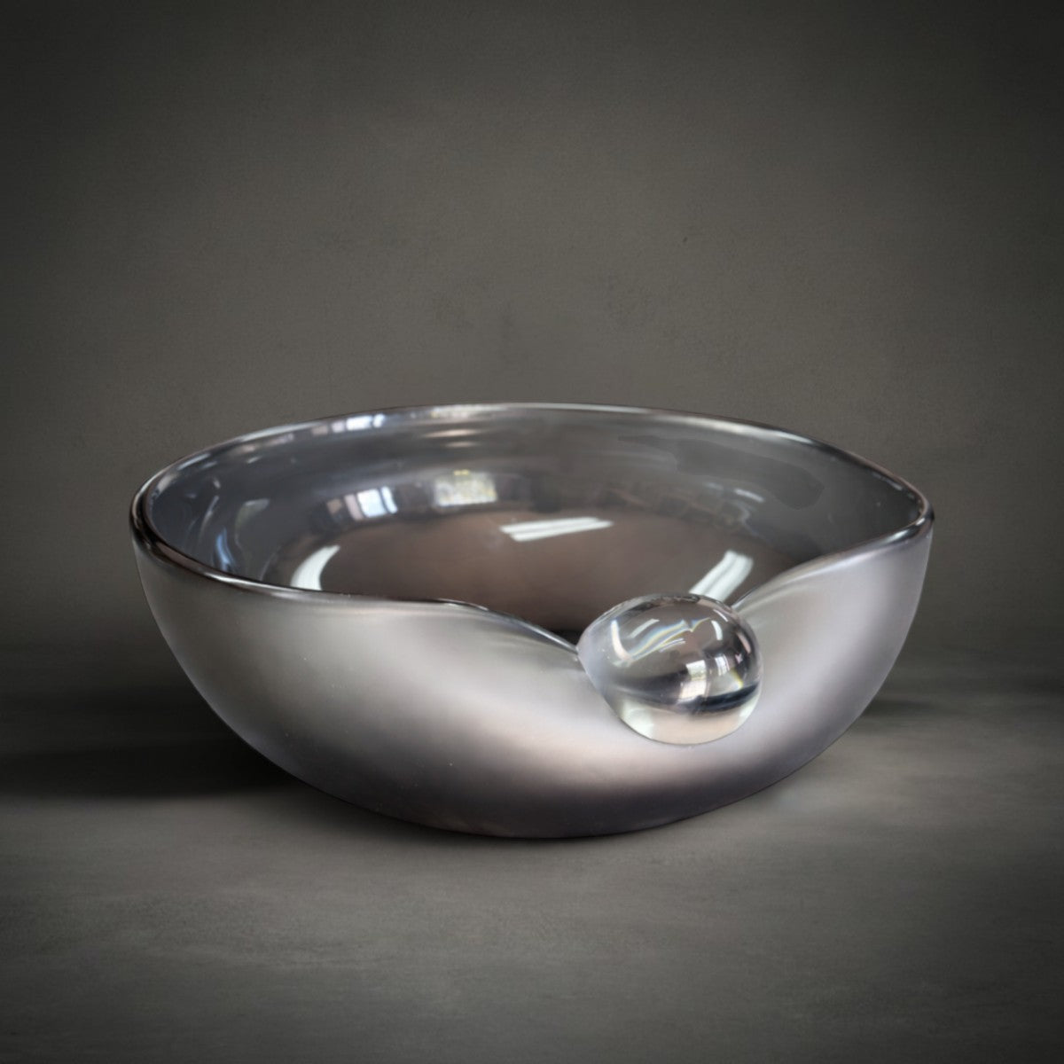 Pebble Dusk Bowl — low sculptural smoky-grey glass bowl, HMT Home