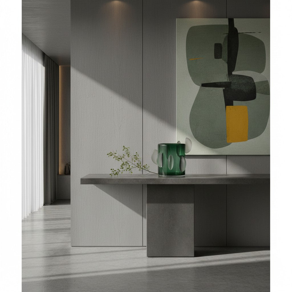 Rosie Vase styled on a concrete console in a minimalist hallway — deep green glass vase with frosted oval texture, HMT Home