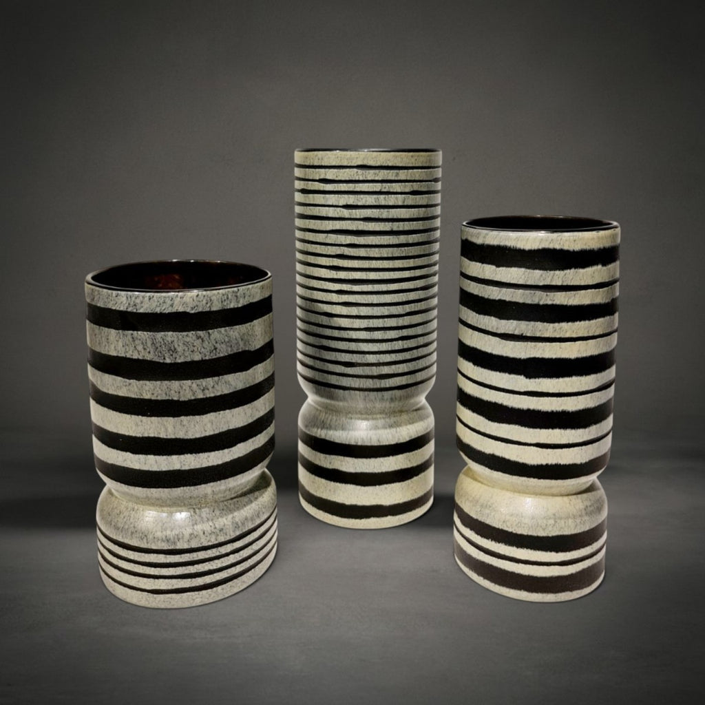 Zebra Vase family — large, medium and small black glass vases with stone, grey and beige stripes, HMT Home