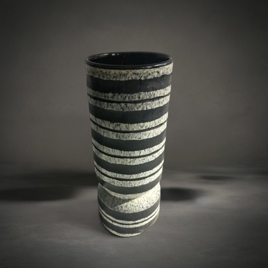 Zebra Vase Medium — black glass vase with stone, grey and beige stripes, HMT Home