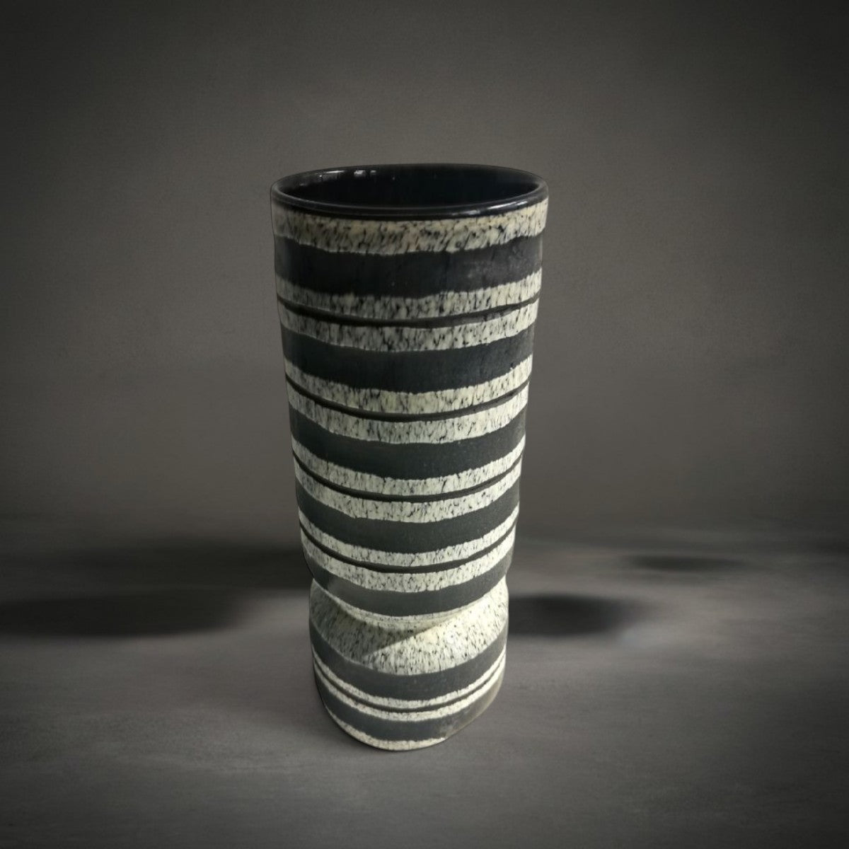 Zebra Vase Medium — black glass vase with stone, grey and beige stripes, HMT Home